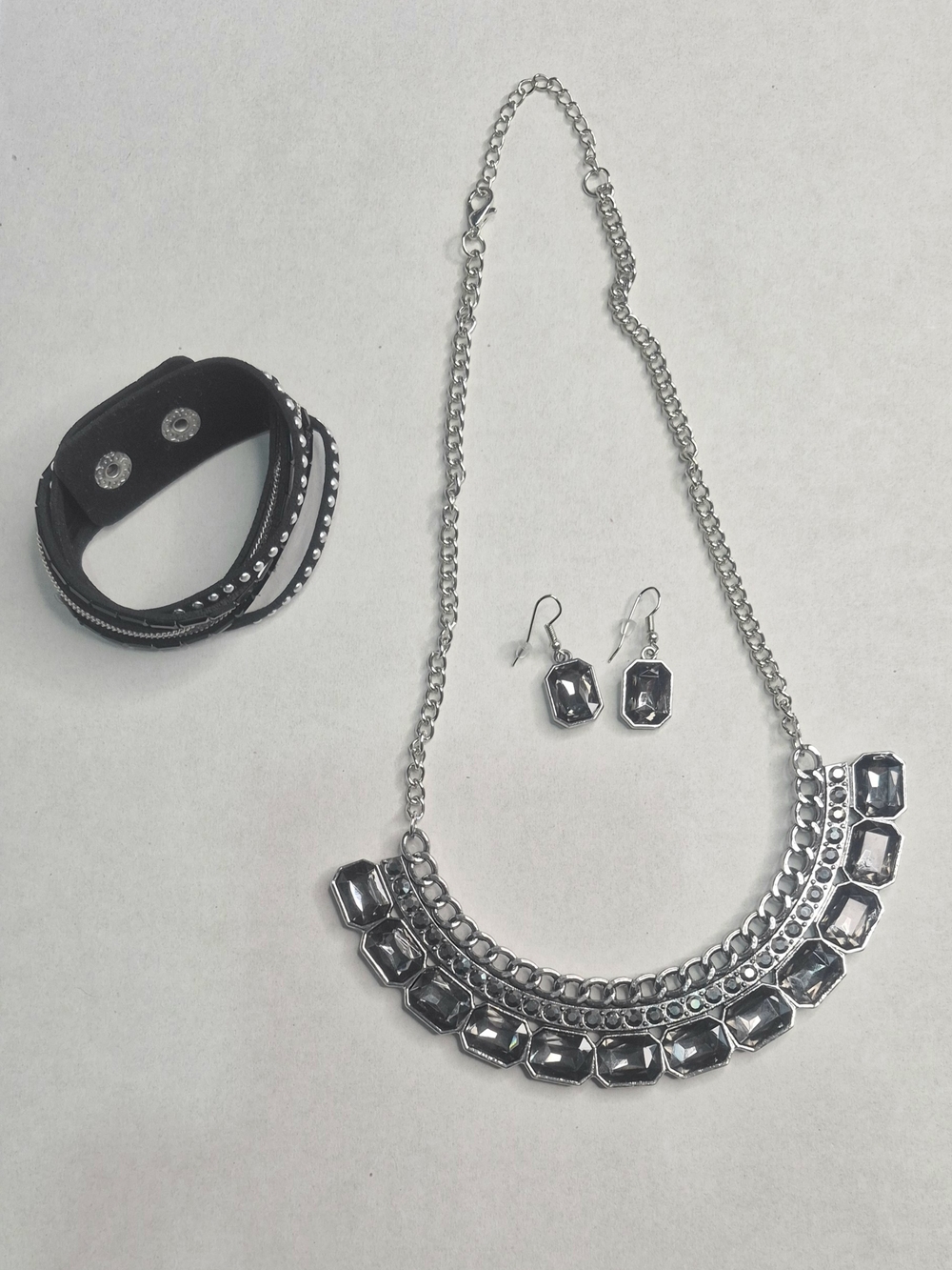 Silver-Tone Faceted Crystal Bib Necklace & Earring Set - Black Accents